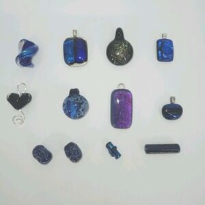 Blue Purple Dichroic Fused Glass Pendant Bead Lot 12 Pc Artisan Jewelry Craft
